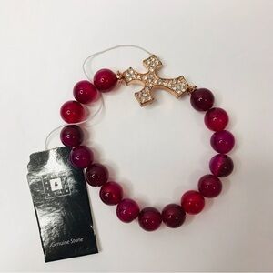 New NATE & ETAN Pink Beaded Bracelet With Cross Charm